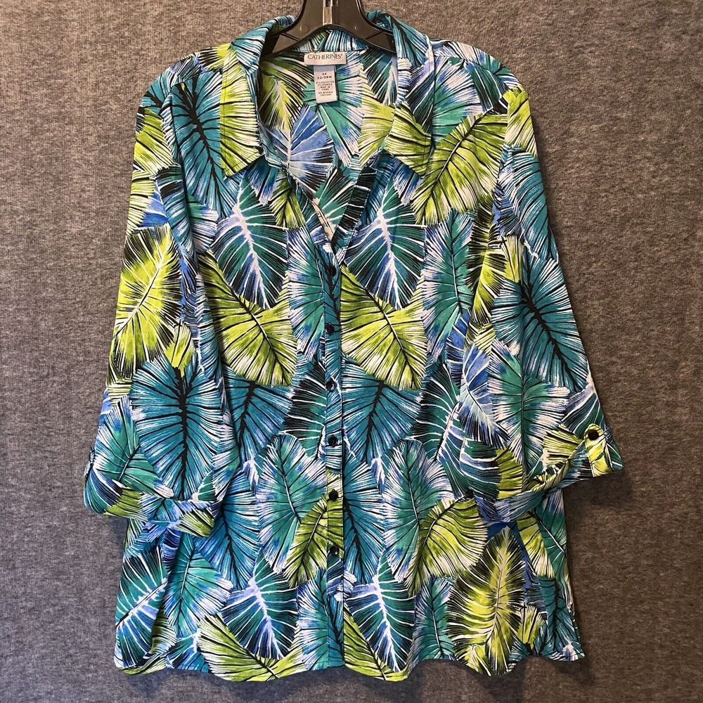 Catherines Top Womens Plus 2X 22/24W Green Yellow‎ Button Roll Tab Shirt Blouse
